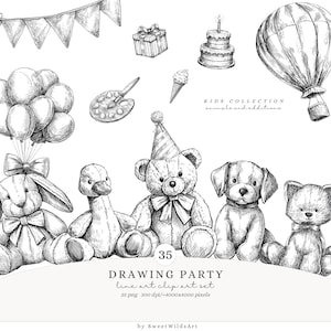 Zeichnung Party Line Art Clipart, Geburtstag Tiere, schwarz und weiß Teddybär Hase Ente Hund Kinder Party Clip Art Set, digitaler Download