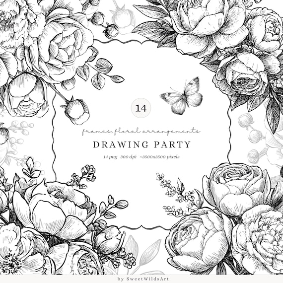 Drawing Party Floral Line Art, Flowers Clipart, Black and White Peony PNG, Frames, Elegant Floral Arrangements PNG, Digital Download
