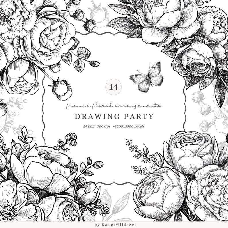 May include: A monochrome illustration featuring floral arrangements, a butterfly, and the text "DRAWING PARTY". The image includes the number 14, and the text "frames, floral arrangements". The image is 3500x3500 pixels.