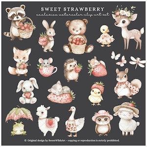 May include: A set of watercolour illustrations featuring various animals holding strawberries. The animals include a raccoon, rabbit, bear, deer, fox, mouse, hedgehog, squirrel, bunny, cat, chick, goose, owl, and llama. The illustrations are in a whimsical style and are perfect for use in scrapbooking, card making, or other creative projects.