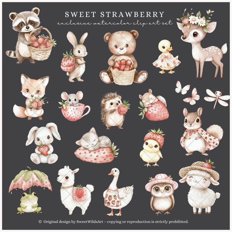May include: A set of watercolour illustrations featuring various animals holding strawberries. The animals include a raccoon, rabbit, bear, deer, fox, mouse, hedgehog, squirrel, bunny, cat, chick, goose, owl, and llama. The illustrations are in a whimsical style and are perfect for use in scrapbooking, card making, or other creative projects.