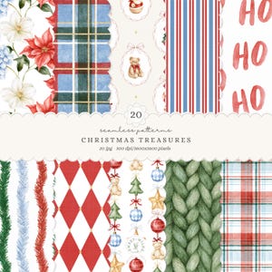 May include: A digital collection of 20 seamless patterns titled Christmas Treasures, featuring watercolor illustrations of poinsettias, blue and green plaid, teddy bears, red and blue stripes, red diamonds, tinsel, ornaments, and knit textures.