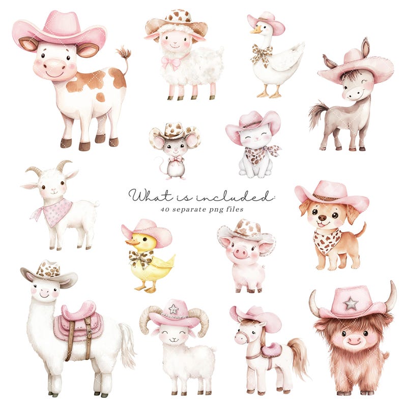 May include: A set of 40 watercolor illustrations featuring cute animals wearing pink cowboy hats. The animals include a cow, sheep, goose, donkey, goat, duck, pig, dog, llama, and a bull. The illustrations are perfect for creating invitations, cards, and other crafts.