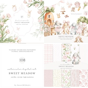 May include: A collection of watercolor illustrations featuring bunnies, floral arrangements, and patterns. The designs include a bunny house, baby clothes, and various seamless patterns. The text includes "Sweet Meadow" and "Kids Collection".