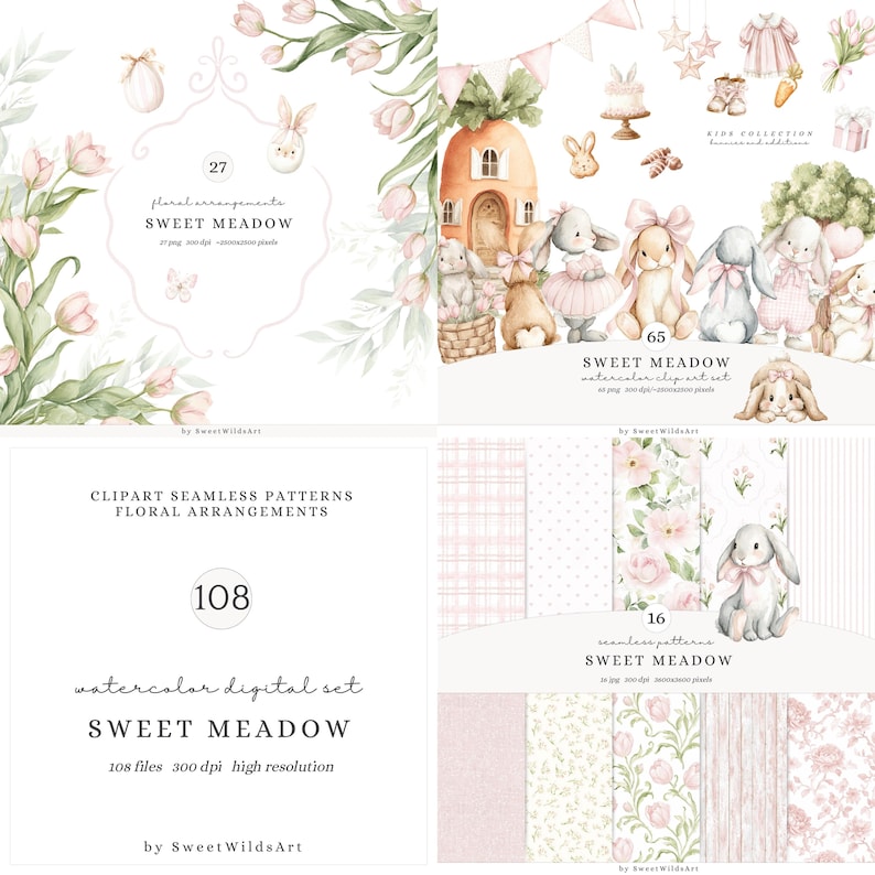 May include: A collection of watercolor illustrations featuring bunnies, floral arrangements, and patterns. The designs include a bunny house, baby clothes, and various seamless patterns. The text includes "Sweet Meadow" and "Kids Collection".