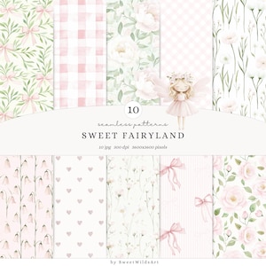 Watercolor Sweet Fairyland Seamless Patterns, Pastel Fairy Garden Patterns, Pink Floral Backgrounds, Plaid Scrapbook Paper, Digital Download