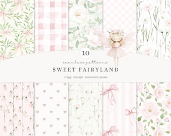 Watercolor Sweet Fairyland Seamless Patterns, Pastel Fairy Garden Patterns, Pink Floral Backgrounds, Plaid Scrapbook Paper, Digital Download