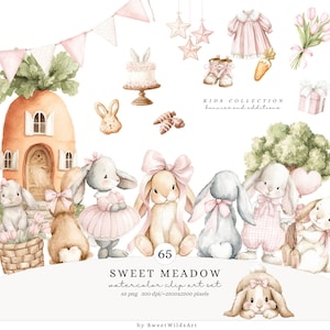 Op de afbeelding: Een aquarel clip art set getiteld "Sweet Meadow" met konijntjes, een wortelhuis en andere paas-thema elementen. De afbeelding bevat een roze jurk, laarsjes en een taart. De tekst "KIDS COLLECTION bunnies and additions" is ook zichtbaar.
