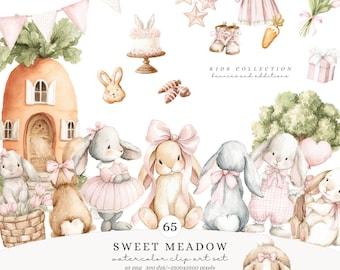 May include: A watercolor clip art set titled "Sweet Meadow" featuring bunnies, a carrot house, and other Easter-themed elements. The image includes a pink dress, boots, and a cake. The text "KIDS COLLECTION bunnies and additions" is also visible.
