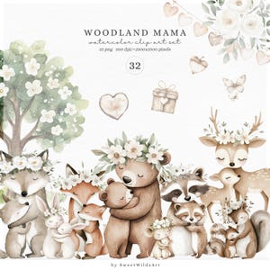 Aquarell Wald Mama Clipart, Baby Tiere Clip Art, süßes Tier PNG, Waldtiere, Baby-Dusche Clipart, Muttertag Clipart