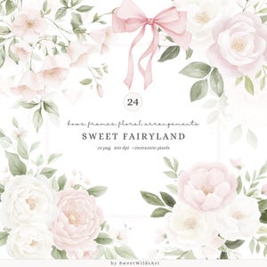 Aquarell süßes Märchenland Blumenarrangements, rosa weiße Pfingstrosen, rosa Gartenschleifen, weiches Grün, zarte Pastell Clipart PNG, digital