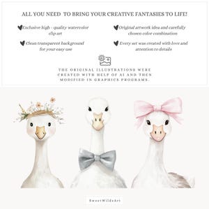 May include: Three watercolor illustrations of geese. One goose is wearing a flower crown, another is wearing a blue bow tie, and the third is wearing a pink bow. The background is white.