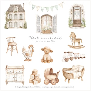 May include: Watercolor illustrations of a house, window, door, chair, chicken, lamb, rocking horse, train, changing table, blocks, stroller, and a wicker bassinet. The text "What is included" and "60 separate png files" is also included.