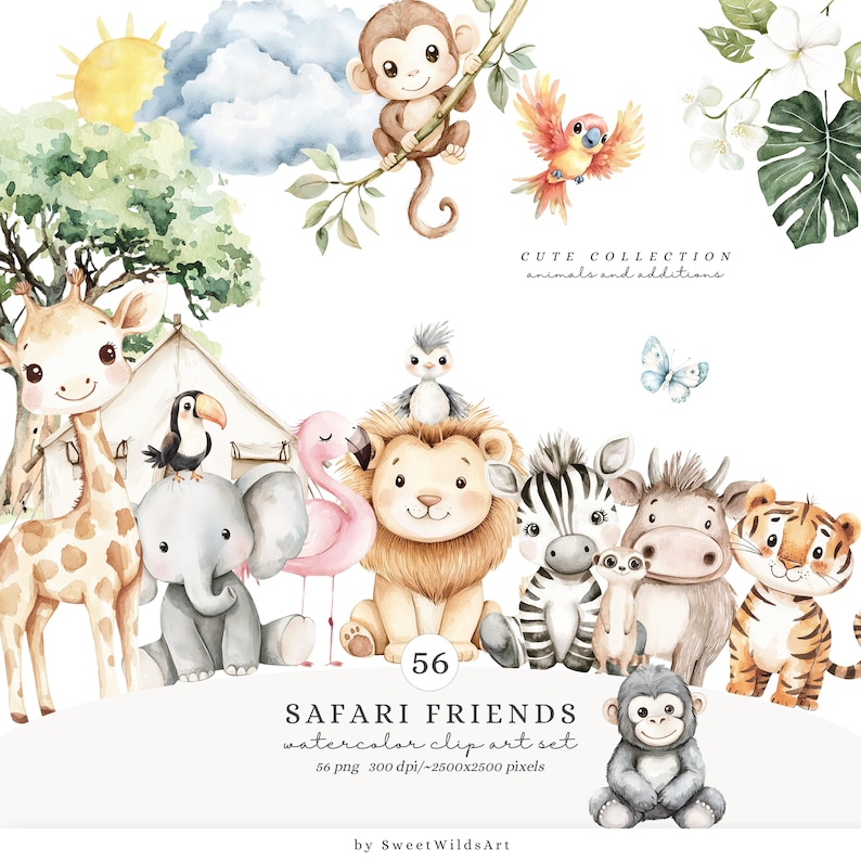 May include: A set of 56 watercolor clip art images featuring cute safari animals, including a giraffe, elephant, lion, zebra, hippopotamus, tiger, monkey, flamingo, toucan, and a gorilla. The images are perfect for creating invitations, cards, party decorations, and other craft projects.