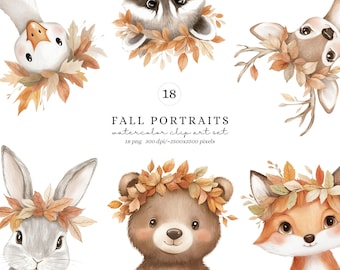 Puede incluir: Conjunto de imágenes prediseñadas de acuarela con seis adorables animales del bosque: un ganso, un mapache, un ciervo, un conejo, un oso y un zorro, cada uno adornado con coronas de hojas de otoño. También incluye el texto "FALL PORTRAITS" y "KIDS COLLECTION 2025".
