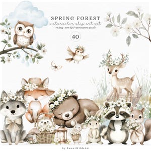 Aquarell Frühlingswald Clipart, niedlichen Wald PNG, Baby Tier Clipart, niedlichen Wald Babyparty, Waldkindergarten, digitaler Download