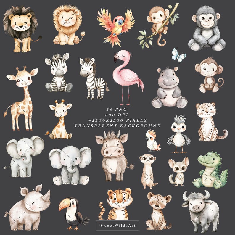May include: A set of 56 watercolor illustrations featuring various animals, including a lion, giraffe, zebra, elephant, rhino, tiger, monkey, flamingo, toucan, and more. The illustrations are in a cartoon style and have a whimsical feel. The background is transparent.