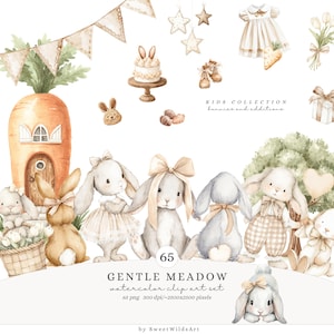 Pode incluir: Conjunto de clip art em aquarela com coelhos, uma casa de cenoura, um bolo e outros elementos temáticos da Páscoa. O texto diz "GENTLE MEADOW watercolor clip art set" e "KIDS COLLECTION bunnies and additions."