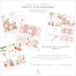 May include: A digital clipart set featuring watercolour illustrations of strawberries, flowers, and patterns. The set includes 74 elements, including clip art, seamless patterns, and floral arrangements. The set is titled "Sweet Strawberry Watercolor Collection".