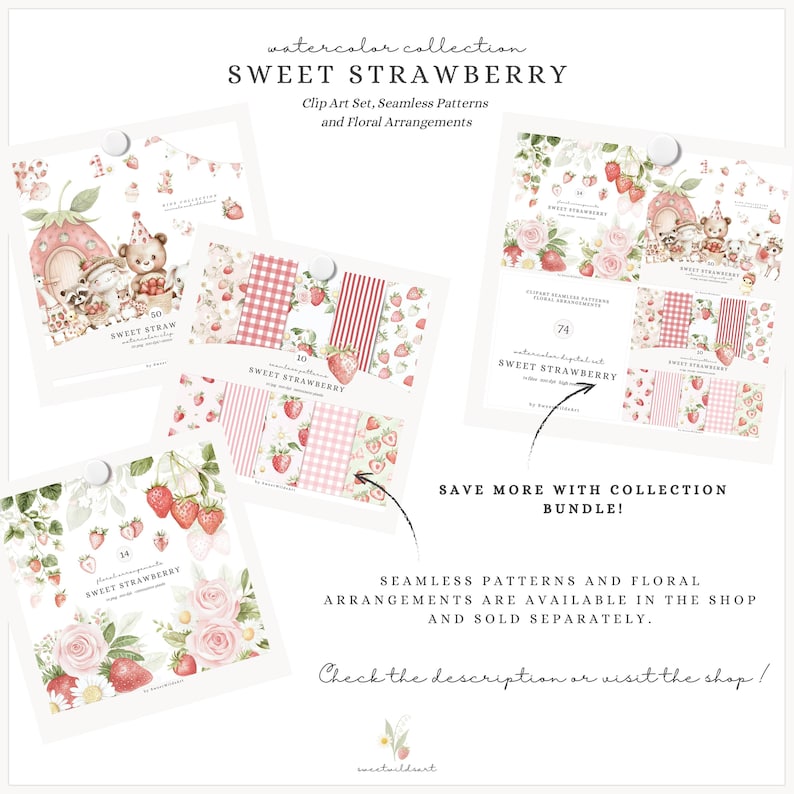 May include: A digital clipart set featuring watercolour illustrations of strawberries, flowers, and patterns. The set includes 74 elements, including clip art, seamless patterns, and floral arrangements. The set is titled "Sweet Strawberry Watercolor Collection".