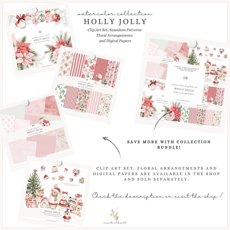 May include: A collection of digital papers and clip art sets with a Christmas theme. The designs include floral arrangements, seamless patterns, and digital papers. The text on the image reads "HOLLY JOLLY" and "SAVE MORE WITH COLLECTION BUNDLE!"