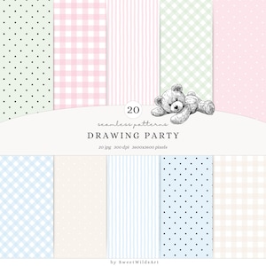 Pode incluir: Gráfico de arte digital com 20 padrões sem costura em cores pastel, incluindo bolinhas, xadrez e listras. Um urso de pelúcia esboçado está centrado acima do texto "DRAWING PARTY". A imagem é rotulada como "20 jpg 300 dpi 3600x3600 pixels".