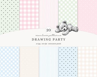 Drawing Party Seamless Patterns, Kids Gingham Polka Dot Striped Digital Paper, Soft Pastel Nursery Backgrounds, Pink, Blue, Beige Patterns