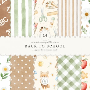 Watercolor Back to School Seamless Patterns, Neutral School Supplies Digital Paper (Digital Download)