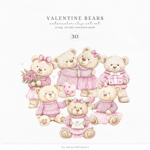 Watercolor Valentine&#39;s Bear Clipart, Cute Valentines Day PNG, Love Clip Art, Valentine Baby Bear Images, Romantic Clipart, Digital Download