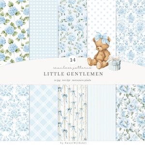 May include: A collection of 14 seamless patterns in shades of blue, featuring floral designs, polka dots, gingham, and stripes. A teddy bear with a blue bow and a striped gift box are also shown. The text reads "LITTLE GENTLEMEN".