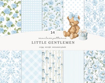 May include: A collection of 14 seamless patterns in shades of blue, featuring floral designs, polka dots, gingham, and stripes. A teddy bear with a blue bow and a striped gift box are also shown. The text reads "LITTLE GENTLEMEN".