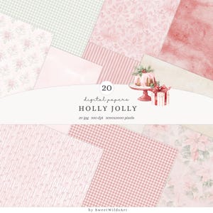 May include: A selection of 20 digital papers in pink and green hues, featuring floral, striped, and gingham patterns. The image includes a watercolour illustration of a cake and a gift box. The text on the image reads "HOLLY JOLLY".