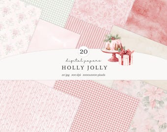 May include: A collection of 20 digital papers with various patterns in shades of pink and green. The papers include floral, striped, and gingham designs. The image also features a watercolor illustration of a cake and a gift box. Text on the image reads "HOLLY JOLLY".