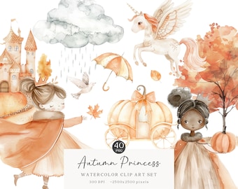 Watercolor Autumn Princess Clipart, Fall Princess Clip Art, Unicorn Clipart, Pony, Clipart For Kids, Cute Girls PNG, Digital Download