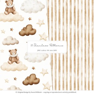 May include: A seamless pattern featuring a brown teddy bear sitting on a cloud with stars and clouds on a white background. The second pattern is a brown and white striped pattern.
