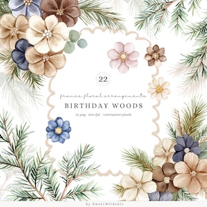 Clipart floreale di compleanno ad acquerello, cornici e bouquet di fiori della foresta in formato PNG, fiori rustici del bosco, clipart di verde pino, digitale