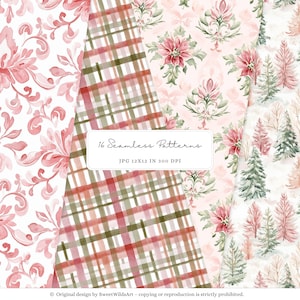 May include: A collection of 16 seamless patterns in various designs. The patterns include floral, plaid, and tree motifs in shades of red, pink, green, and white. The image text reads "16 Seamless Patterns" and "JPG 12x12 IN 300 DPI".