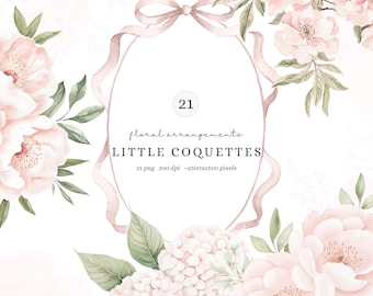 Watercolor Little Coquettes Floral Arrangements Clipart, Pink Peonies Floral Bouquet PNG, Girly Romantic Coquette Flowers, Digital Download