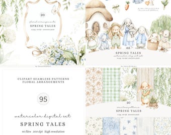Clipart de cuentos de primavera en acuarela, clipart de conejito bebé, clipart de guardería de primavera, conejos de Pascua estilo cottagecore PNG, descarga digital de jardín