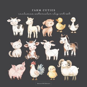 May include: Watercolor clip art set featuring various farm animals, including a cow, horse, dog, duck, goose, cat, goat, pig, rooster, chick, and ram. The text "FARM CUTIES" and "exclusive watercolor clip art set" are displayed.