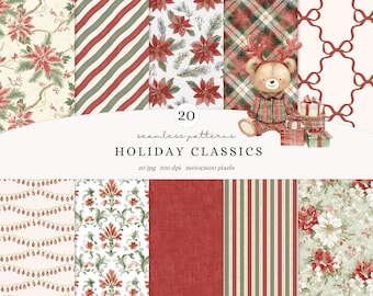 Watercolor Christmas Seamless Patterns, Tartan Classic Patterns, Cozy Holiday Digital Paper, Festive Scrapbook Backgrounds, Digital Download