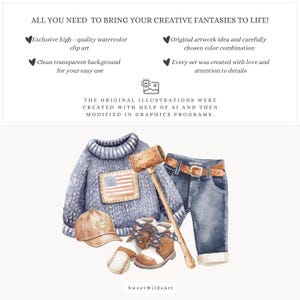 May include: Watercolor illustration of a baby boy's outfit, including a blue sweater with an American flag patch, jeans, a baseball cap, shoes, a baseball, and a wooden mallet. The text says, "ALL YOU NEED TO BRING YOUR CREATIVE FANTASIES TO LIFE!"