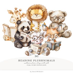Paquete de imágenes prediseñadas de animales de peluche leyendo en acuarela, imágenes prediseñadas vintage de animales de guardería, lindas invitaciones a fiestas PNG, decoración de animales bebés para scrapbooking