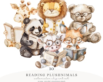 Watercolor Reading Plush Animals Clipart Bundle, Vintage Nursery Animal Clip Art, Cute Party Invite PNG, Baby Animal Decor Scrapbooking
