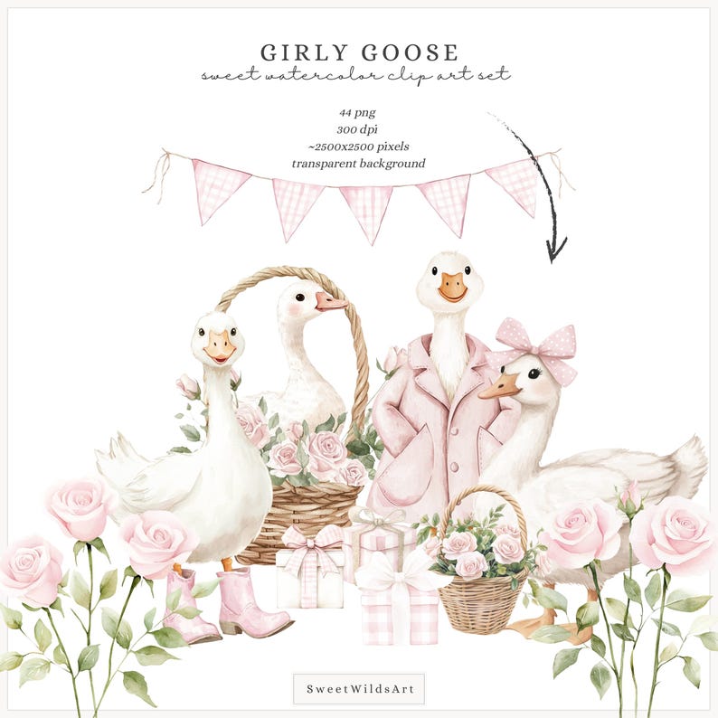 May include: A sweet watercolour clip art set with a girly theme, featuring geese with pink bows and coats, baskets of roses, pink roses, and gift boxes. The text reads "GIRLY GOOSE sweet watercolor clip art set".