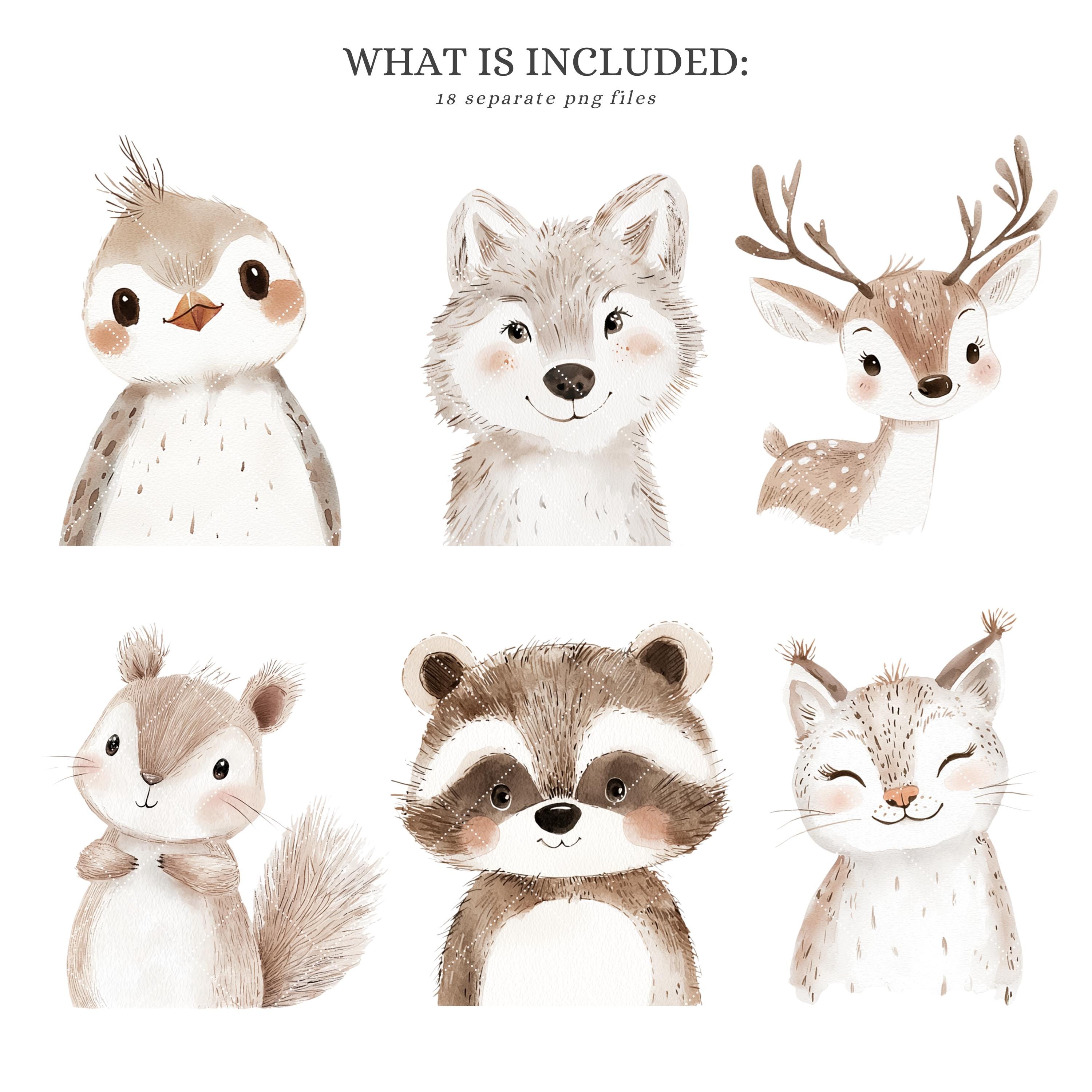 Watercolor Woodland Portraits Clipart, Cute Animals Clipart, Baby ...