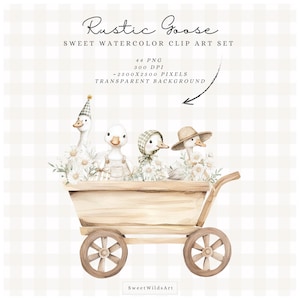 Pode incluir: Conjunto de clip art em aquarela "Rustic Goose" com quatro gansos em uma carro&ccedil;a de madeira. Os gansos s&atilde;o adornados com chap&eacute;us e detalhes florais. A carro&ccedil;a tem rodas de madeira. O fundo &eacute; um padr&atilde;o xadrez.