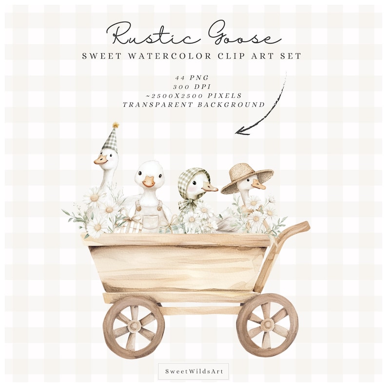 Pode incluir: Conjunto de clip art em aquarela "Rustic Goose" com quatro gansos em uma carro&ccedil;a de madeira. Os gansos s&atilde;o adornados com chap&eacute;us e detalhes florais. A carro&ccedil;a tem rodas de madeira. O fundo &eacute; um padr&atilde;o xadrez.