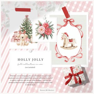May include: A collage of watercolor illustrations with a Christmas theme. Includes a Christmas tree, a puppy with a Santa hat, floral arrangements, a rocking horse, and a wrapped gift. The text "HOLLY JOLLY" is also present.