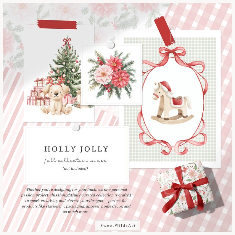May include: A collage of watercolor illustrations with a Christmas theme. Includes a Christmas tree, a puppy with a Santa hat, floral arrangements, a rocking horse, and a wrapped gift. The text "HOLLY JOLLY" is also present.